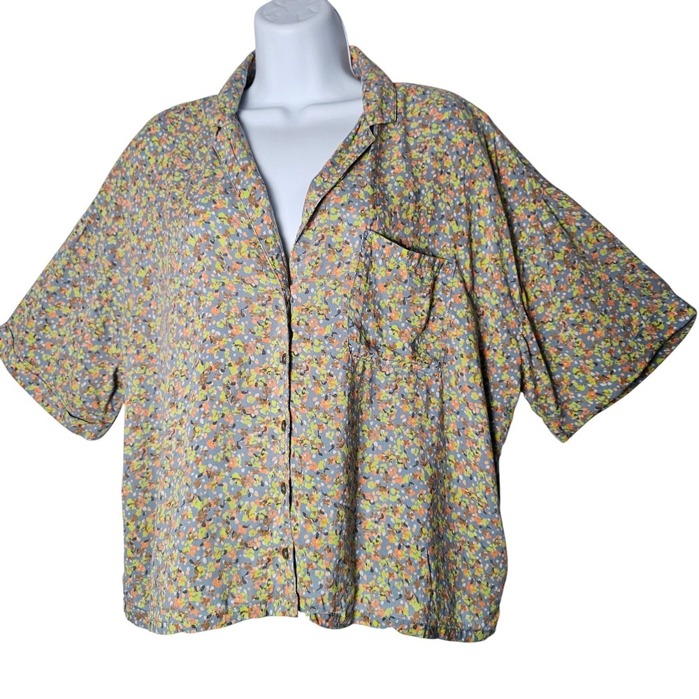 Prana Iguala Womens XL Button Down Shirt Gray Floral Print Short Sleeve Collared - Picture 2 of 10